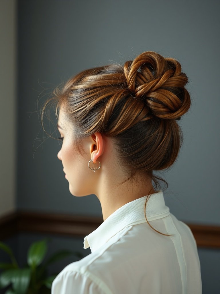 A woman with a modern French twist hairstyle, featuring intricate loops and a chic, elegant appearance.