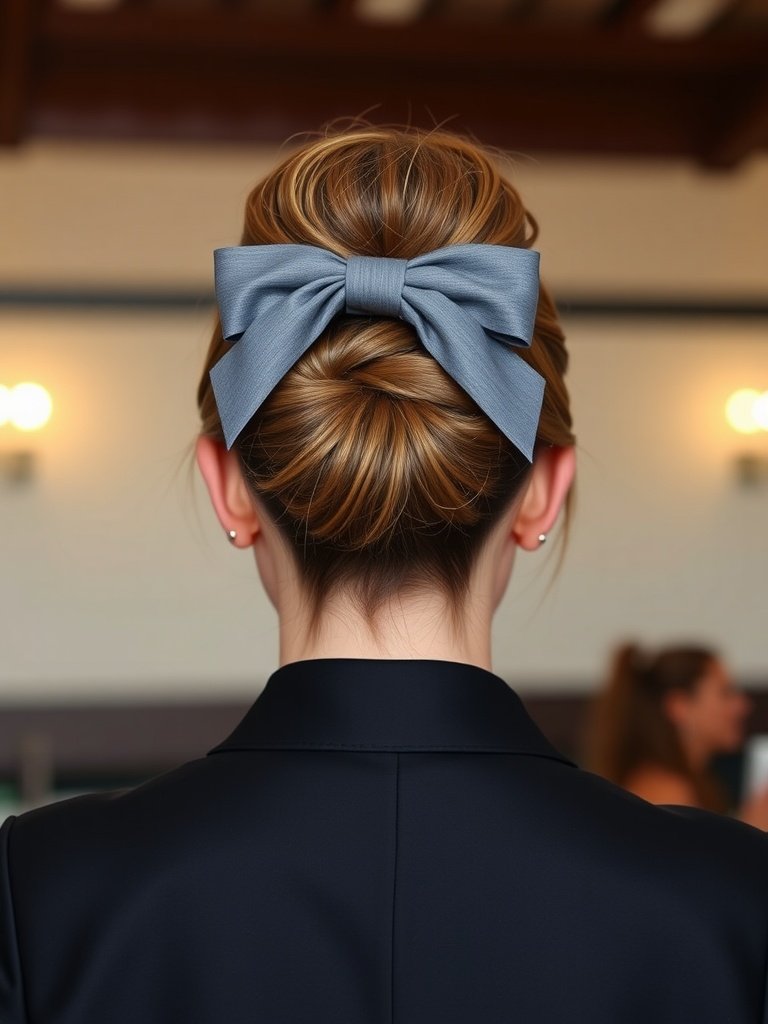 A stylish bow tie updo hairstyle with volume, perfect for formal occasions.