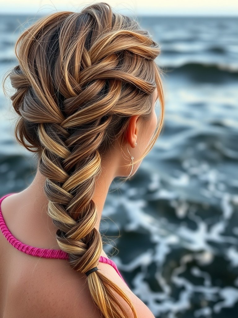 A woman with a loose braid enjoying the beach, showcasing a relaxed hairstyle.