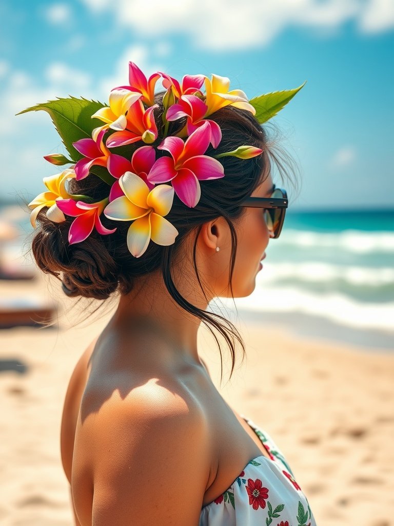 A woman at the beach wearing colorful tropical flowers in her hair