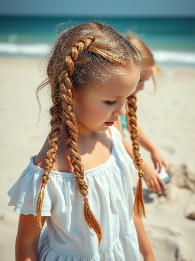 A young girl with double braids standing on the beach.