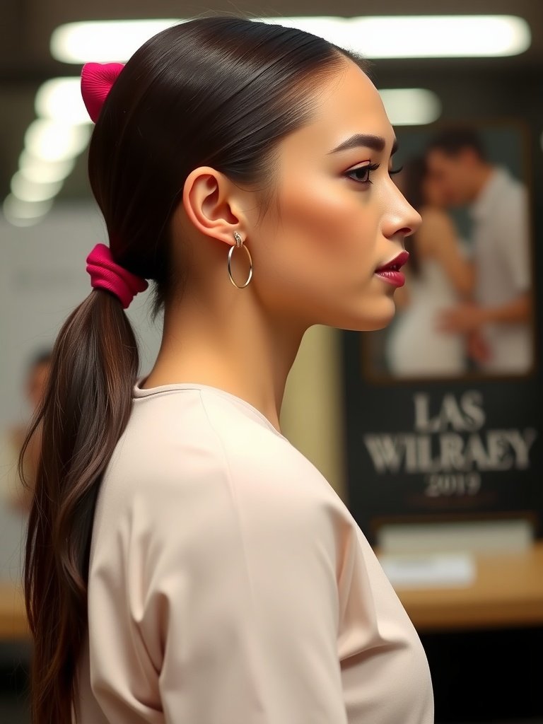A woman with a sleek low ponytail, wearing a pink scrunchie and hoop earrings, showcasing a stylish party hairstyle.