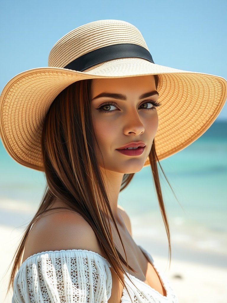 A woman with sleek straight hair wearing a wide-brimmed hat at the beach