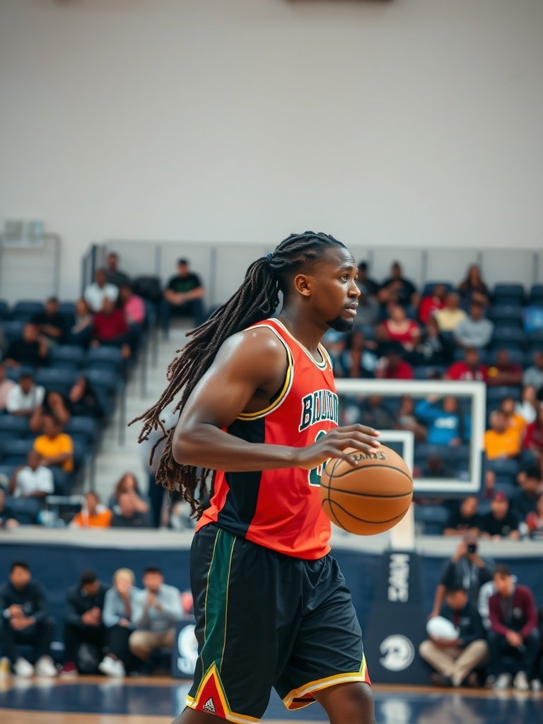 An athlete with dreadlocks dribbles a basketball while wearing a colorful sports jersey and shorts.
