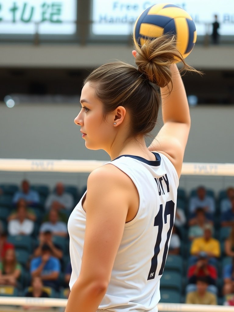 A volleyball player in a half-up hairstyle, preparing to serve while wearing a sports jersey.