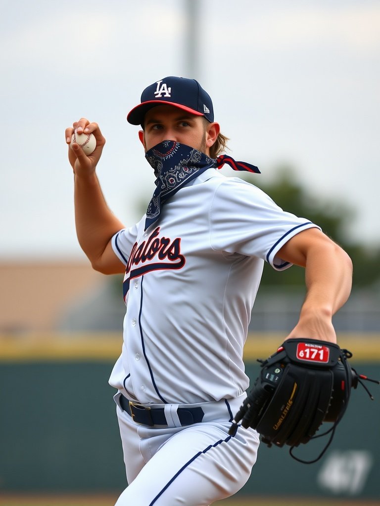 A baseball player wearing a bandana while pitching.