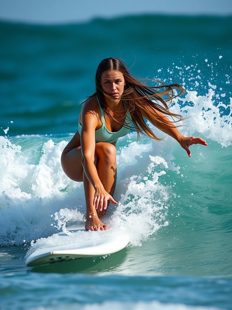A woman surfing on a wave with long, flowing hair.