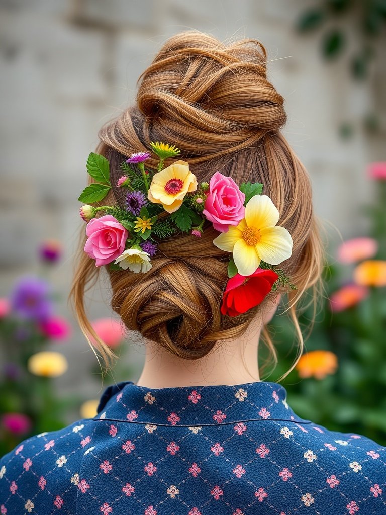 A stylish messy bun adorned with colorful flowers, set against a vibrant floral backdrop.