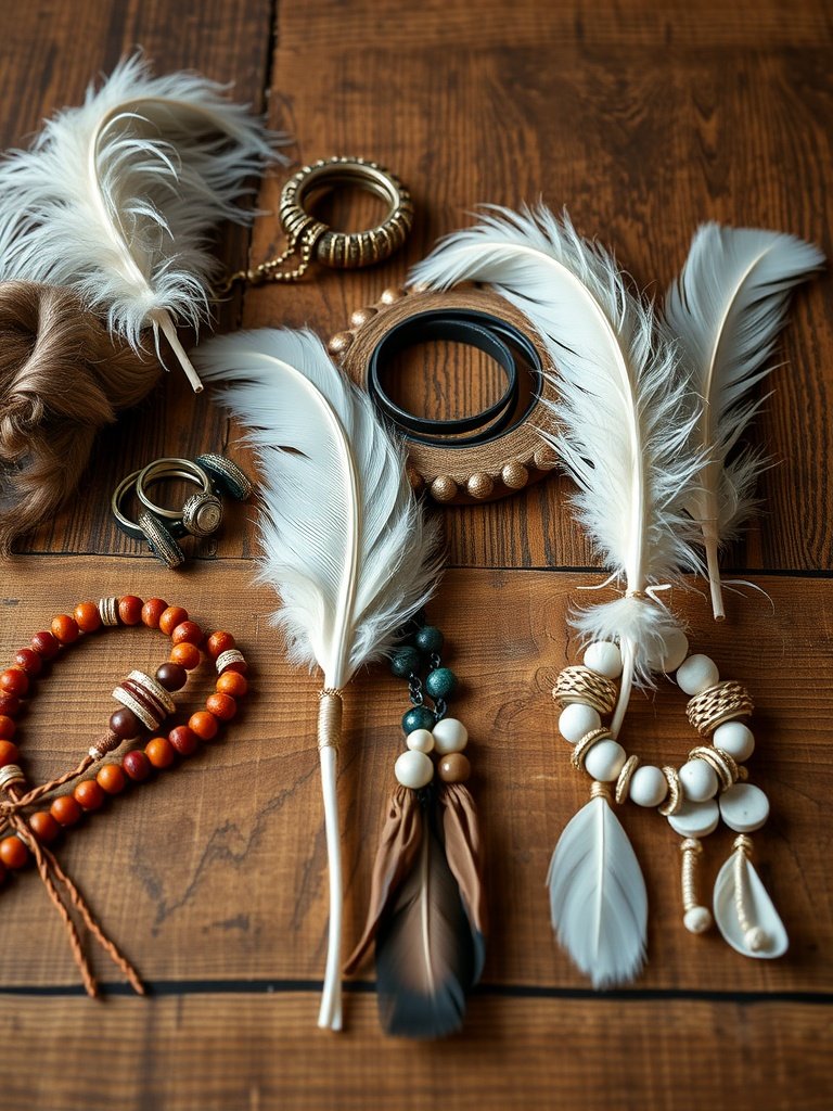 A variety of decorative hair accessories including feathers and beads on a wooden surface.