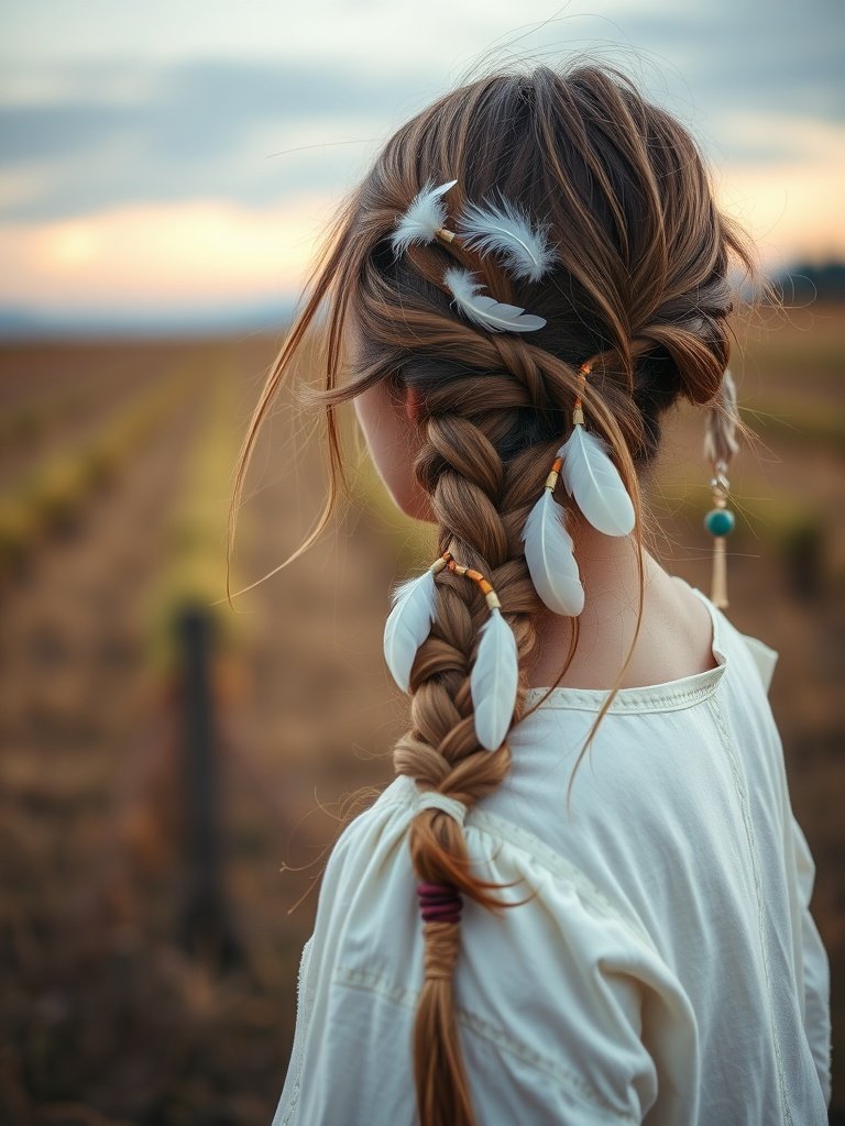 A young woman with a braided hairstyle adorned with feathers and beads, set against a scenic background.