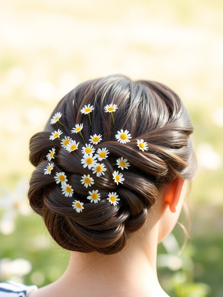 A twisted updo hairstyle adorned with small daisies, showcasing a blend of elegance and boho charm.