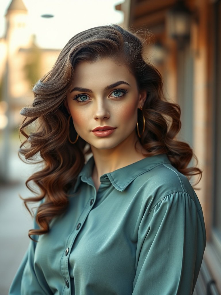 A woman with vintage pin-up curls, wearing a green blouse, staring confidently at the camera.