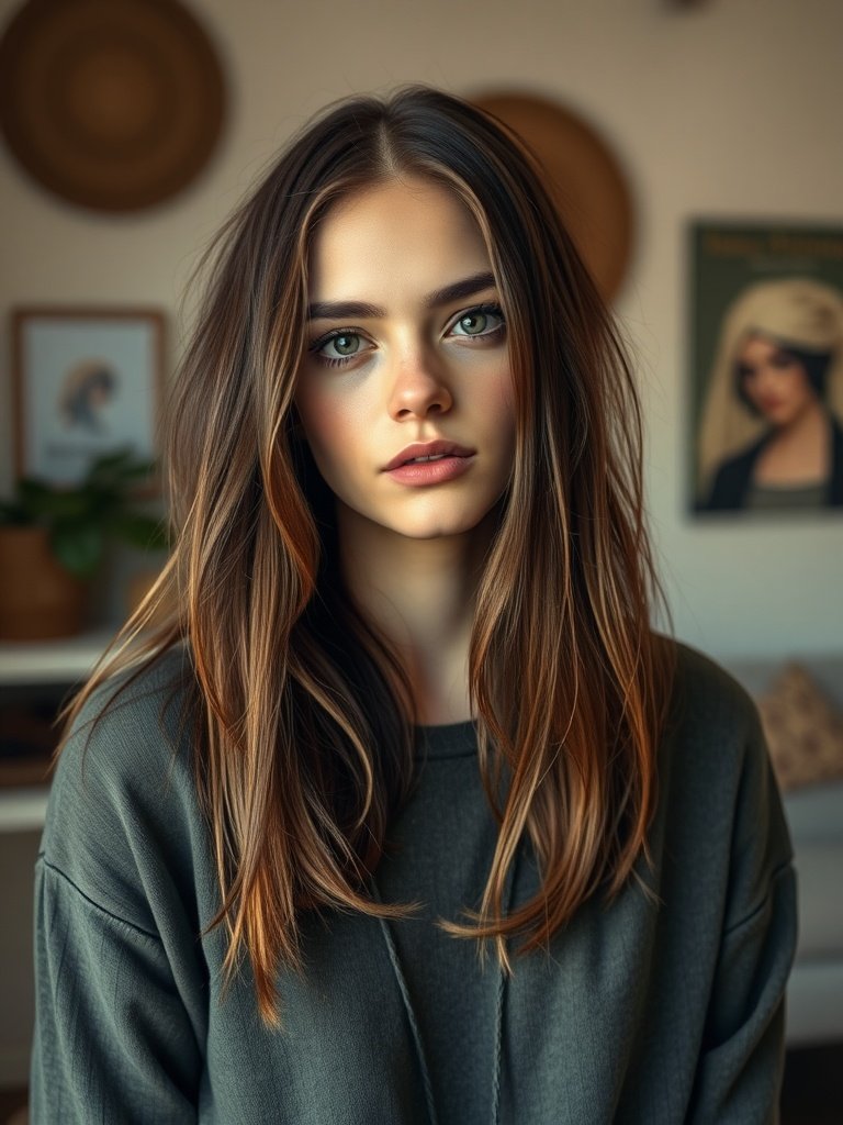 A young woman with long, straight hair styled in a bohemian fashion, wearing a casual top and posing in a cozy interior.