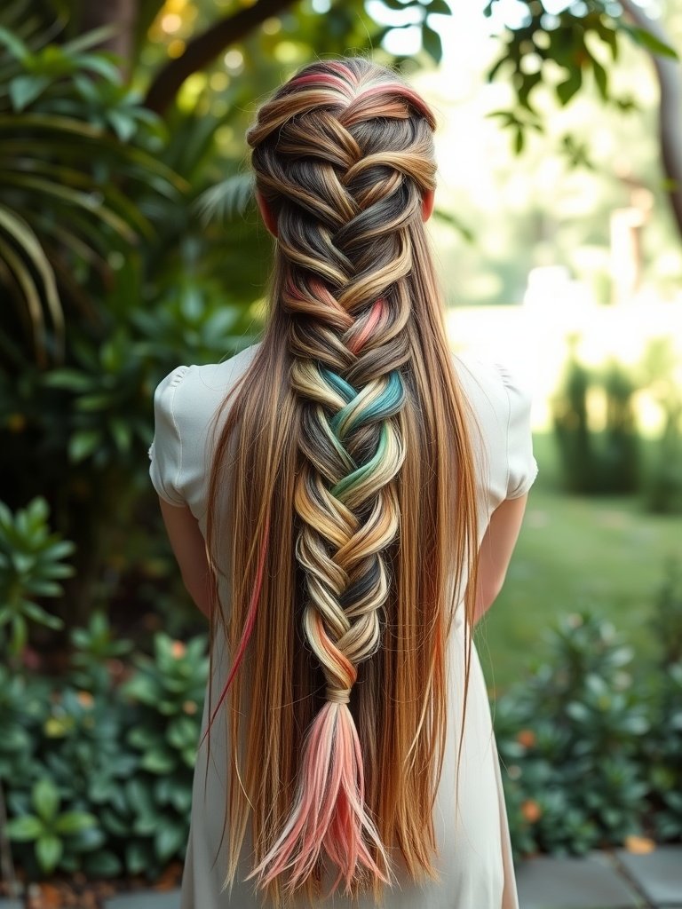 A long multi-color ombre braid with vibrant hues.