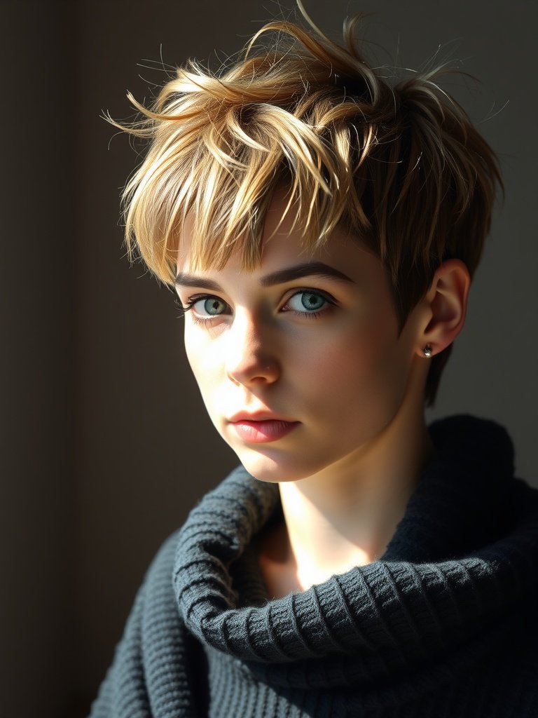A person with a textured pixie cut, showcasing a playful and stylish hairstyle.