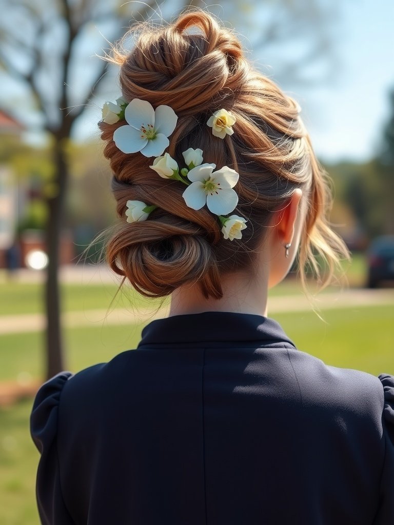 A back view of a woman with a chic messy bun adorned with flowers.