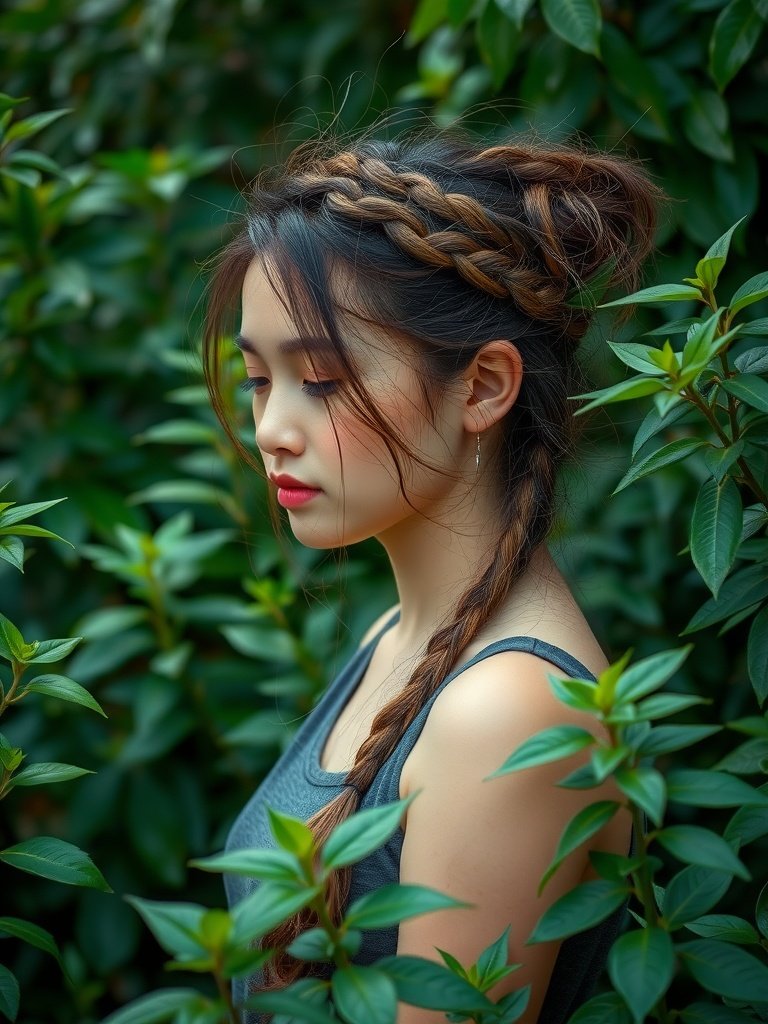 A woman with a playful braided crown hairstyle, surrounded by greenery.