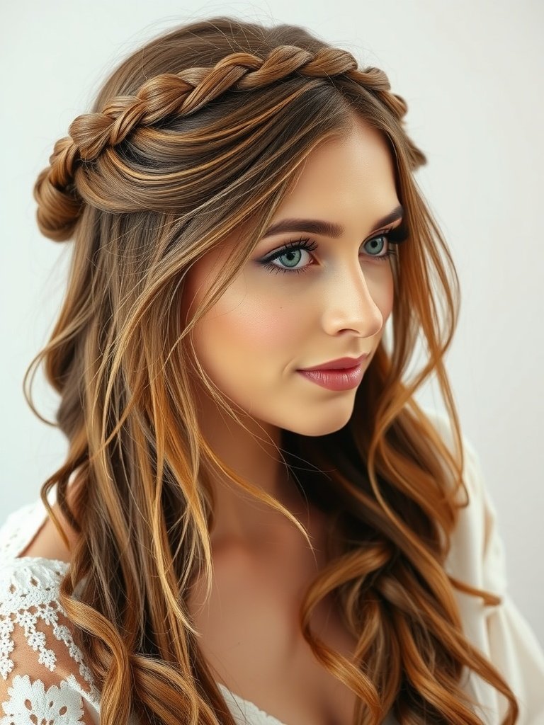 A woman with a braided crown hairstyle and loose tendrils