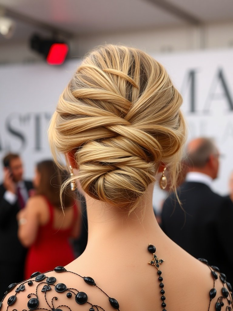 A beautiful undone French twist hairstyle, showcasing loose strands and a stylish yet casual look.