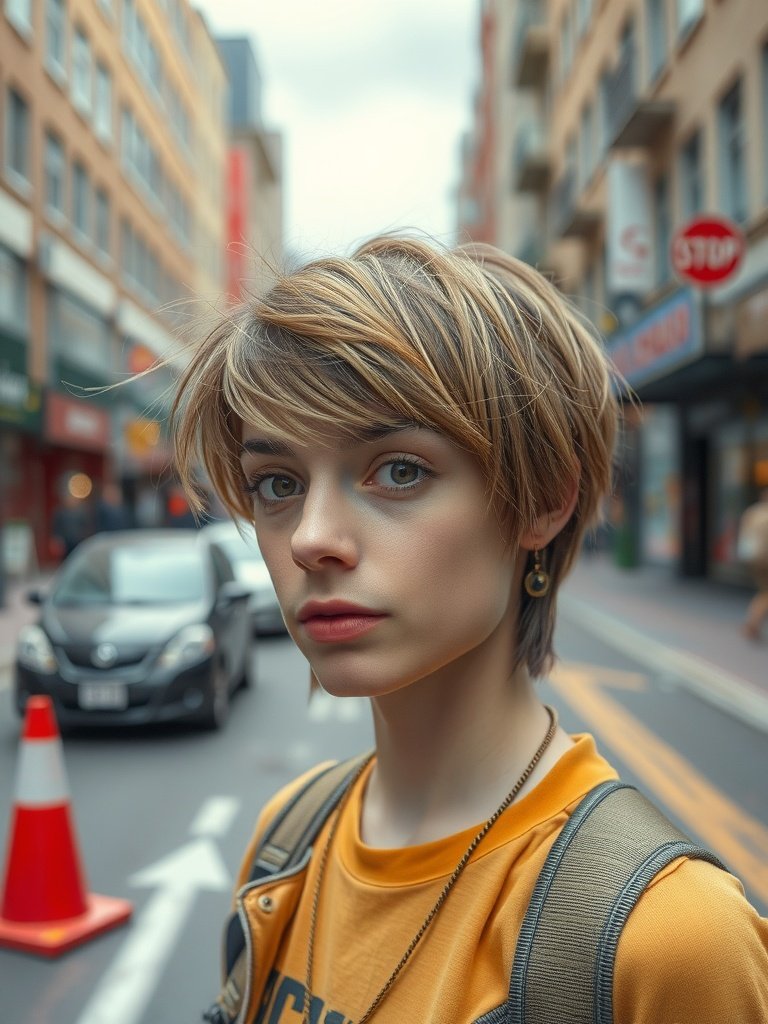 A person with a grungy shag haircut, looking stylish in a busy urban setting.