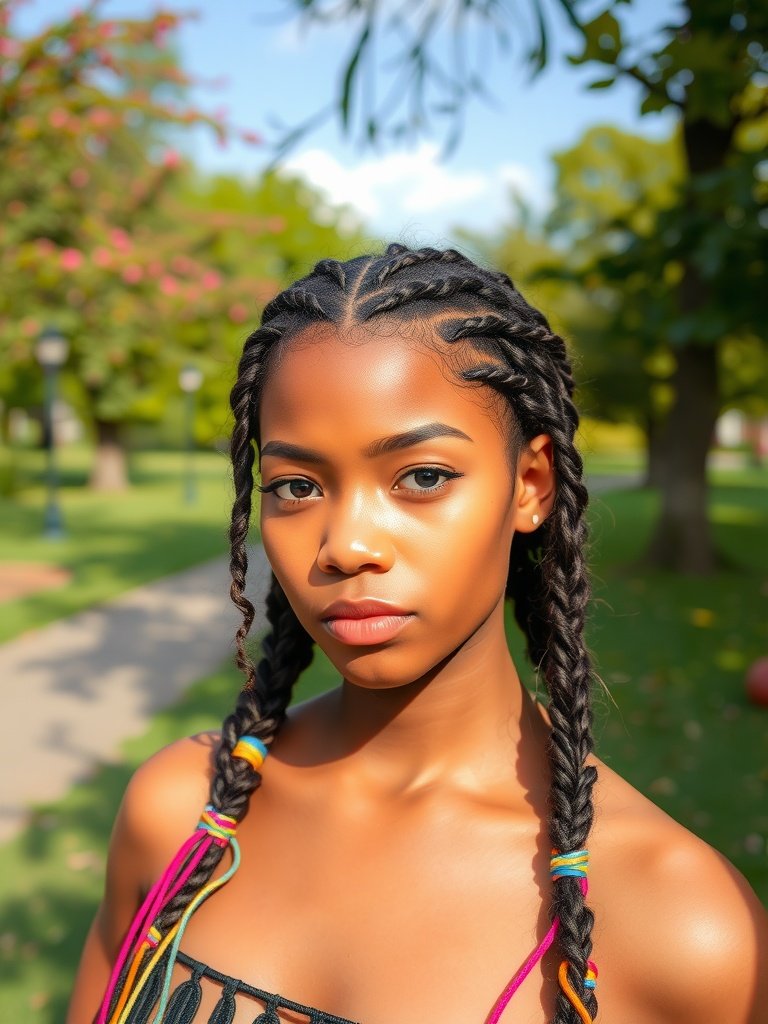 A close-up of a person with braided hairstyle in a park setting.