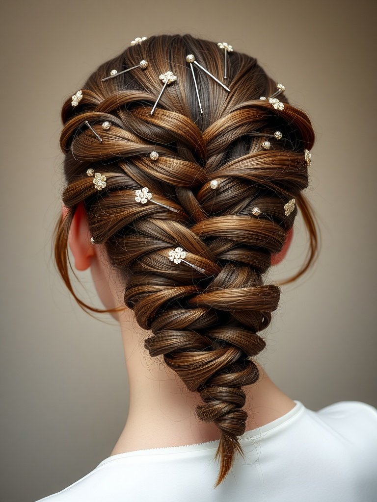Elegant braided updo hairstyle adorned with hairpins