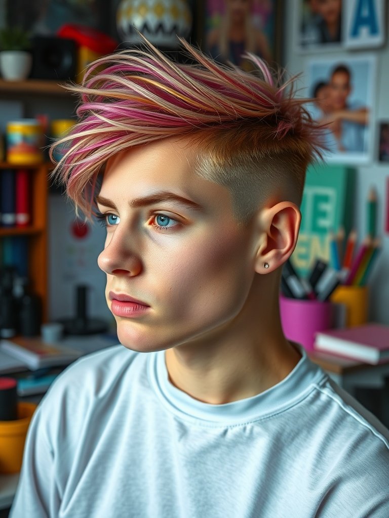 Person with a vibrant pink and blonde eclectic undercut hairstyle, looking thoughtfully to the side.