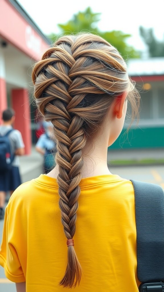 A close-up view of a fishtail braid on a student's back, showcasing the intricate weaving technique.