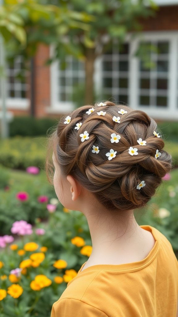 A young girl with a twisted crown updo hairstyle adorned with small flowers.