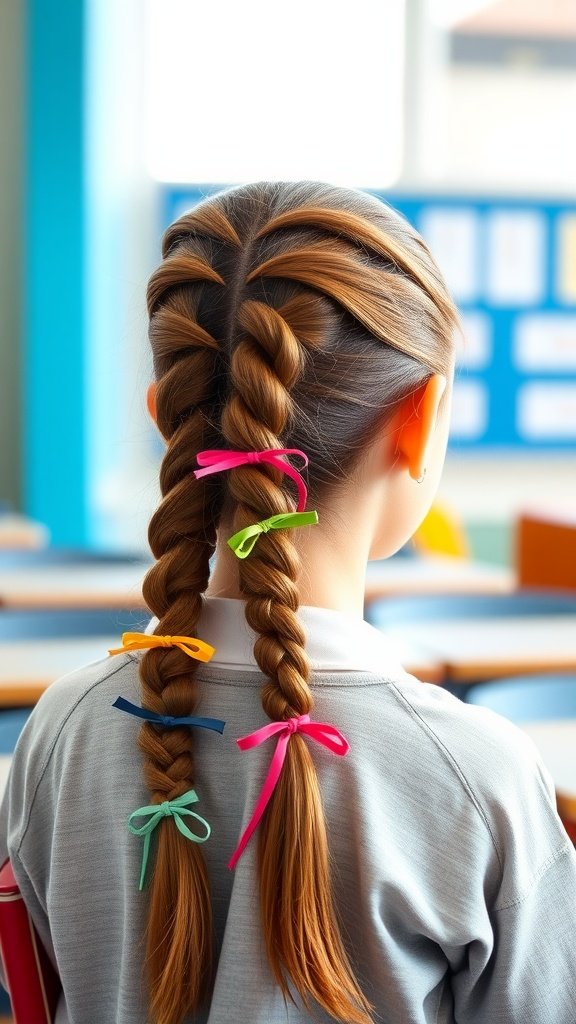 A girl with a classic braided ponytail decorated with colorful ribbons, sitting in a classroom.