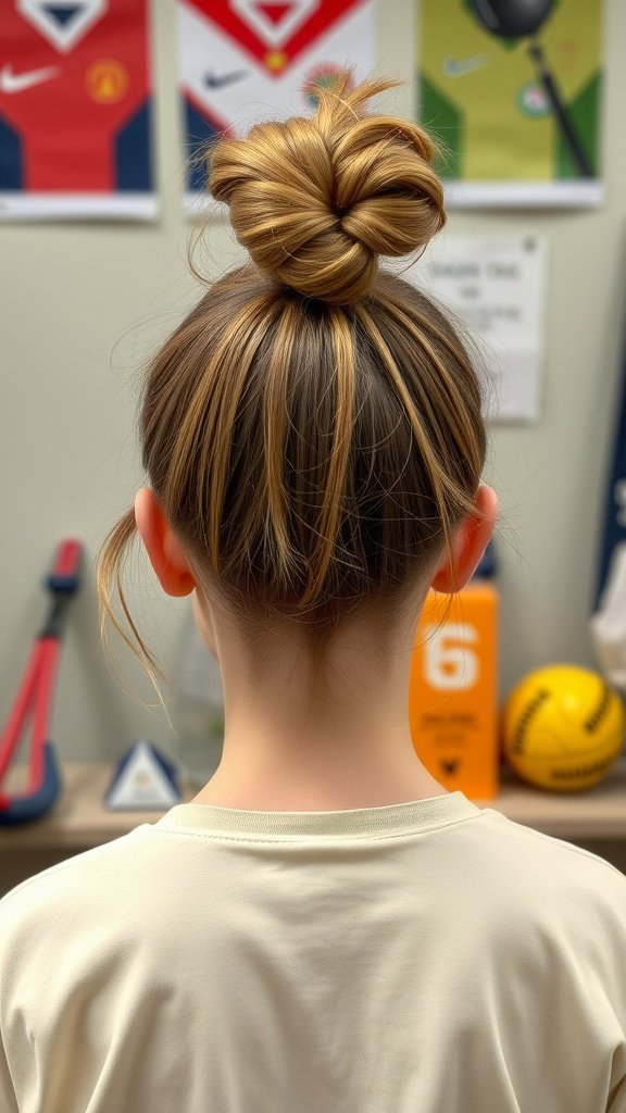 A girl with a simple top knot hairstyle, showing a neat and casual look from the back.