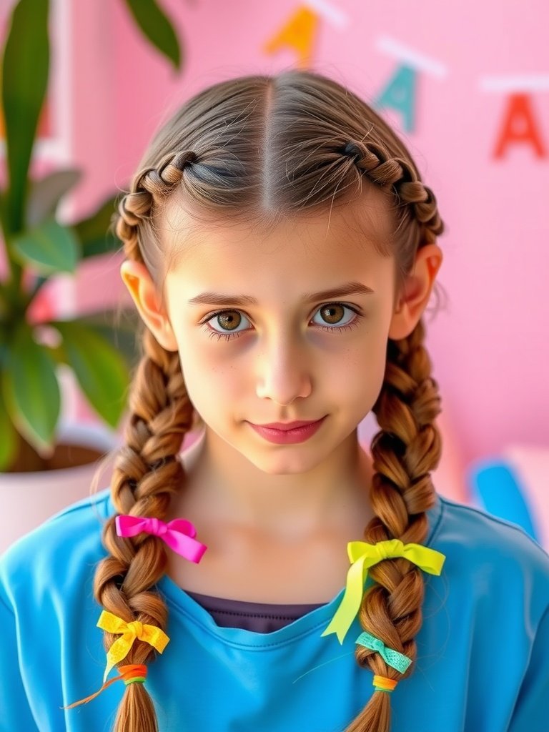 A girl with bubble braids adorned with colorful hair ties