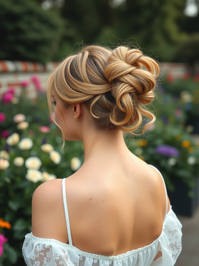 A woman with a twisted rope bun hairstyle, showcasing a stylish and elegant look.