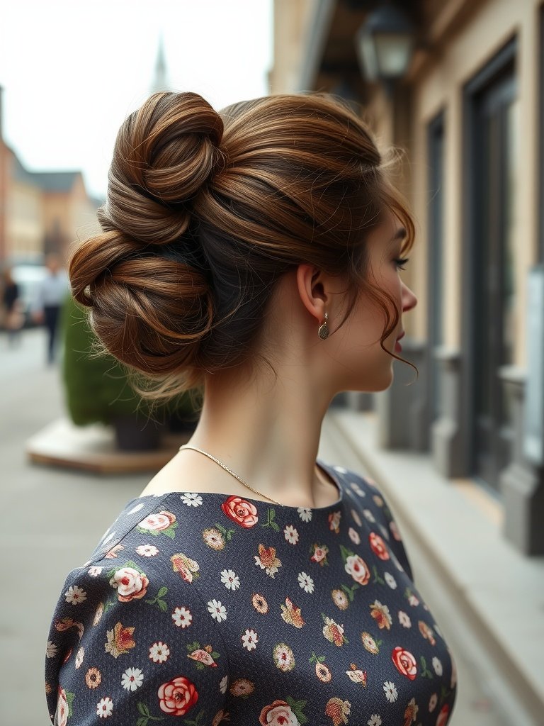 A stylish French twist bun hairstyle, showcasing an elegant twist at the back.
