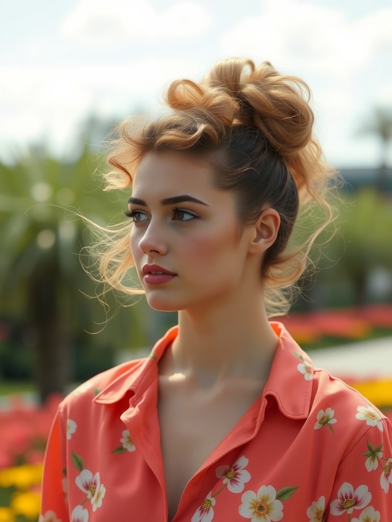 A woman with a curly bun hairstyle, wearing a floral shirt, set against a colorful garden backdrop.