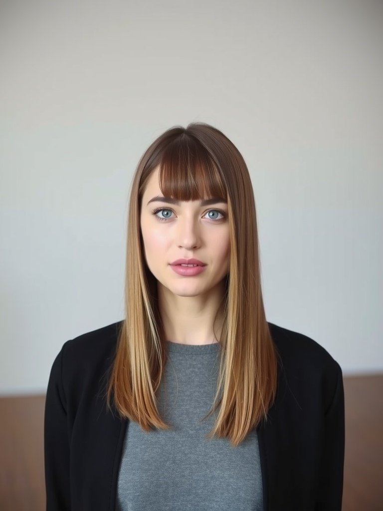 A woman with straight hair parted in the middle, showcasing a sleek hairstyle.