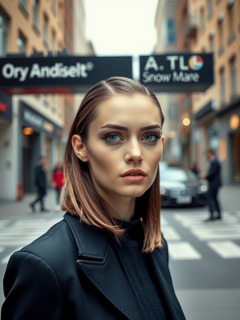 A woman with sleek straight hair, wearing a black blazer, looking serious in an urban setting.