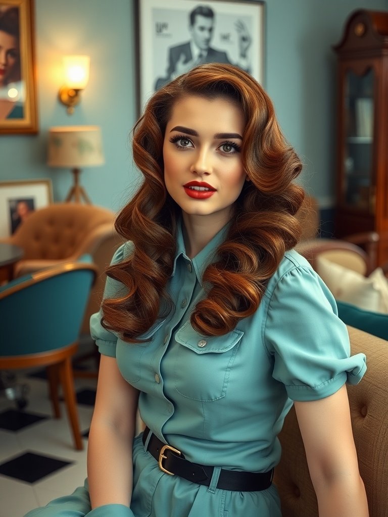 A woman with vintage pin-up waves, wearing a blue outfit and red lipstick, sitting in a vintage-style room.