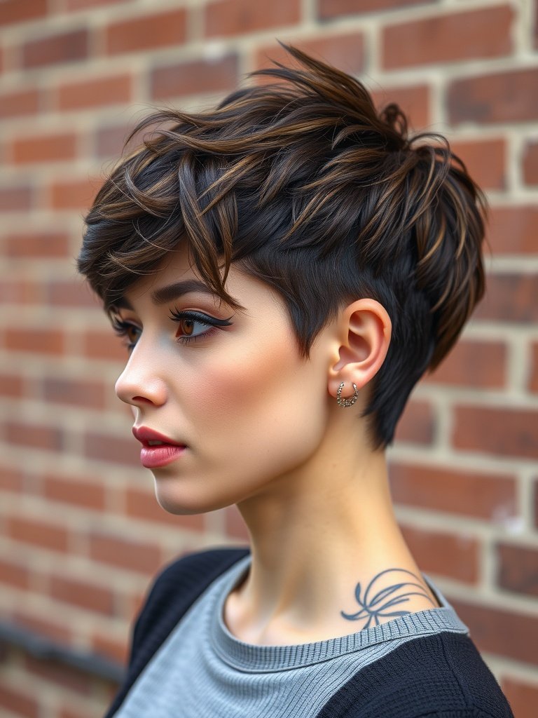 A stylish woman with a textured pixie cut and side part, showcasing her hair against a brick background.
Party hairstyles